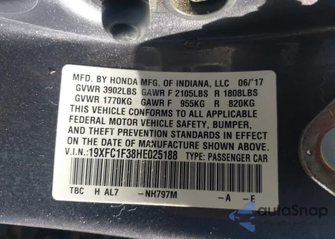 2017 Honda Civic Ex-T from USA, damaged, VIN 19XFC1F38HE025188